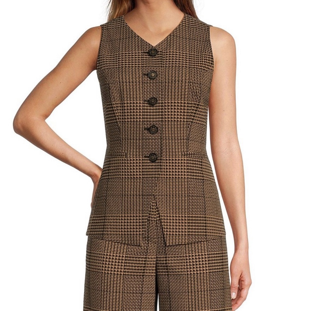 Ivy Houndstooth V-Neck Sleeveless Button Front Long Line Coordinating Vest